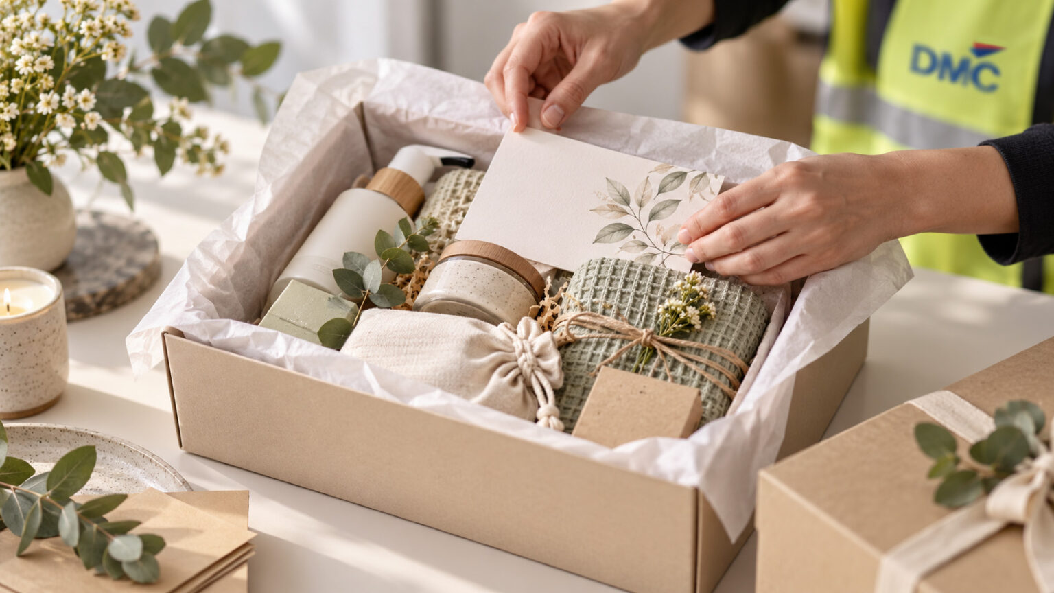 Hands placing a card into a gift box filled with spa products and dried greenery for a natural gift set.