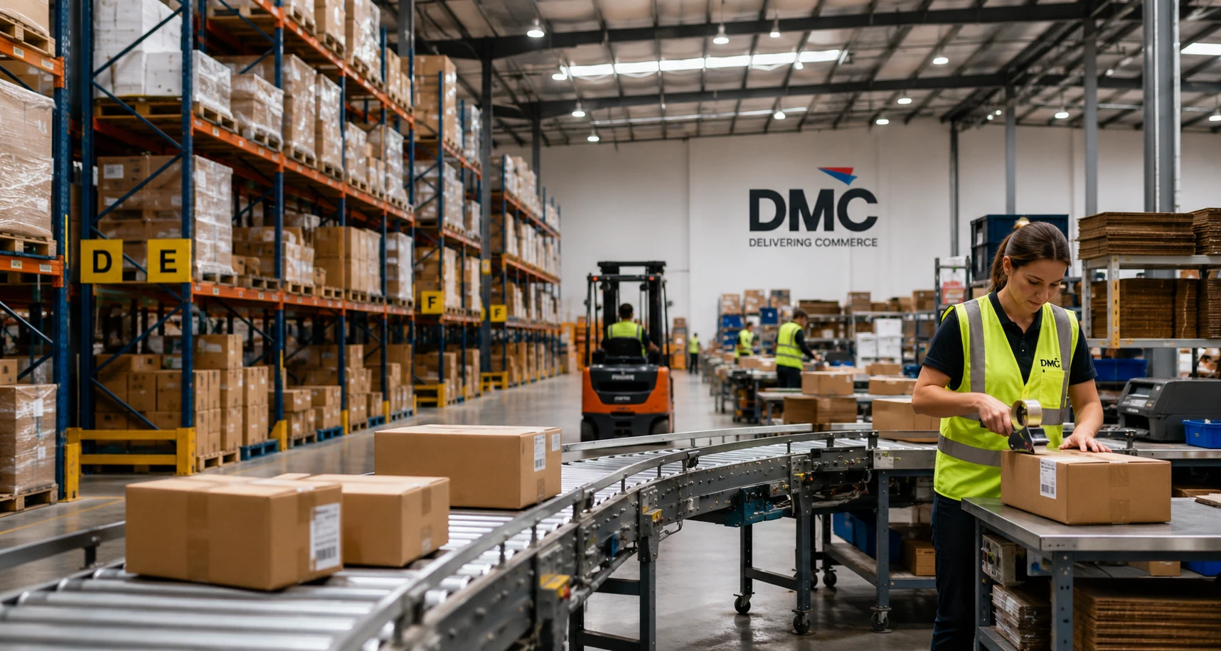 Warehouse packing area with a worker sealing a box on a curved conveyor; tall shelves and pallets fill the background under a DMC sign.