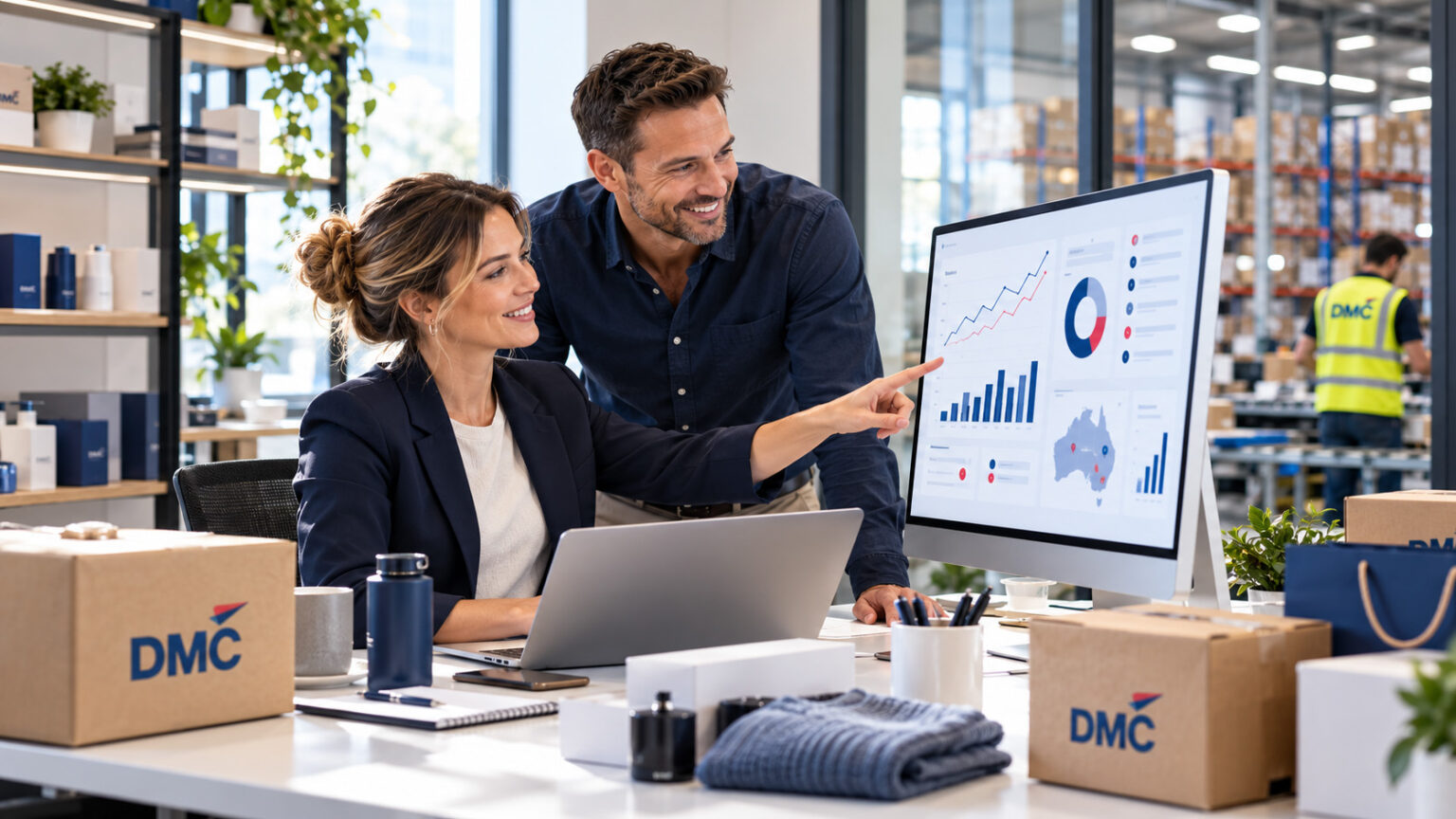 Two colleagues collaborate at a desk, pointing at a dashboard with charts on a large monitor in a packaging company office (DMC boxes nearby).