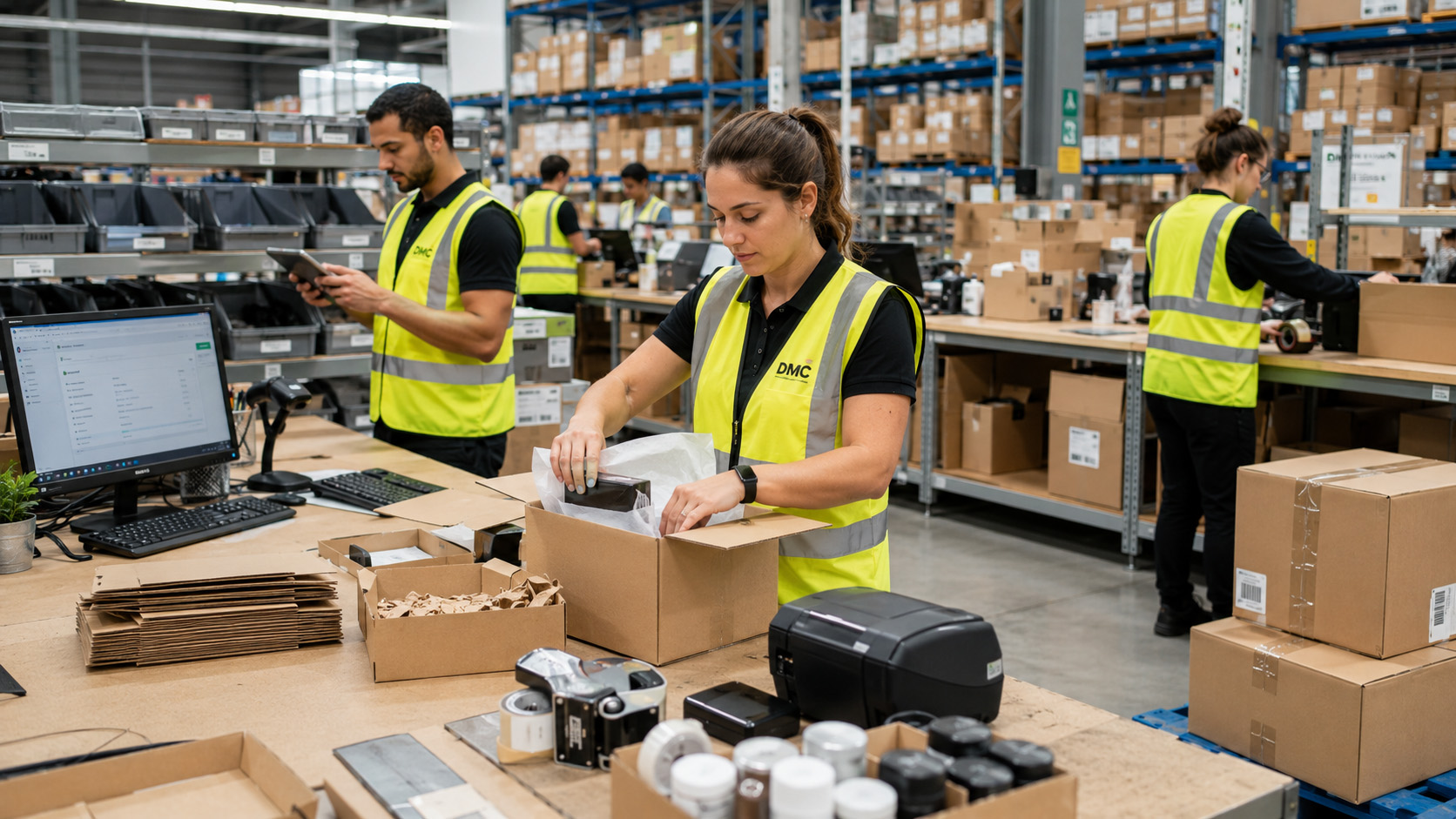 Warehouse worker in a high-visibility vest opens a cardboard box at a cluttered packing station, with a computer and supplies nearby.