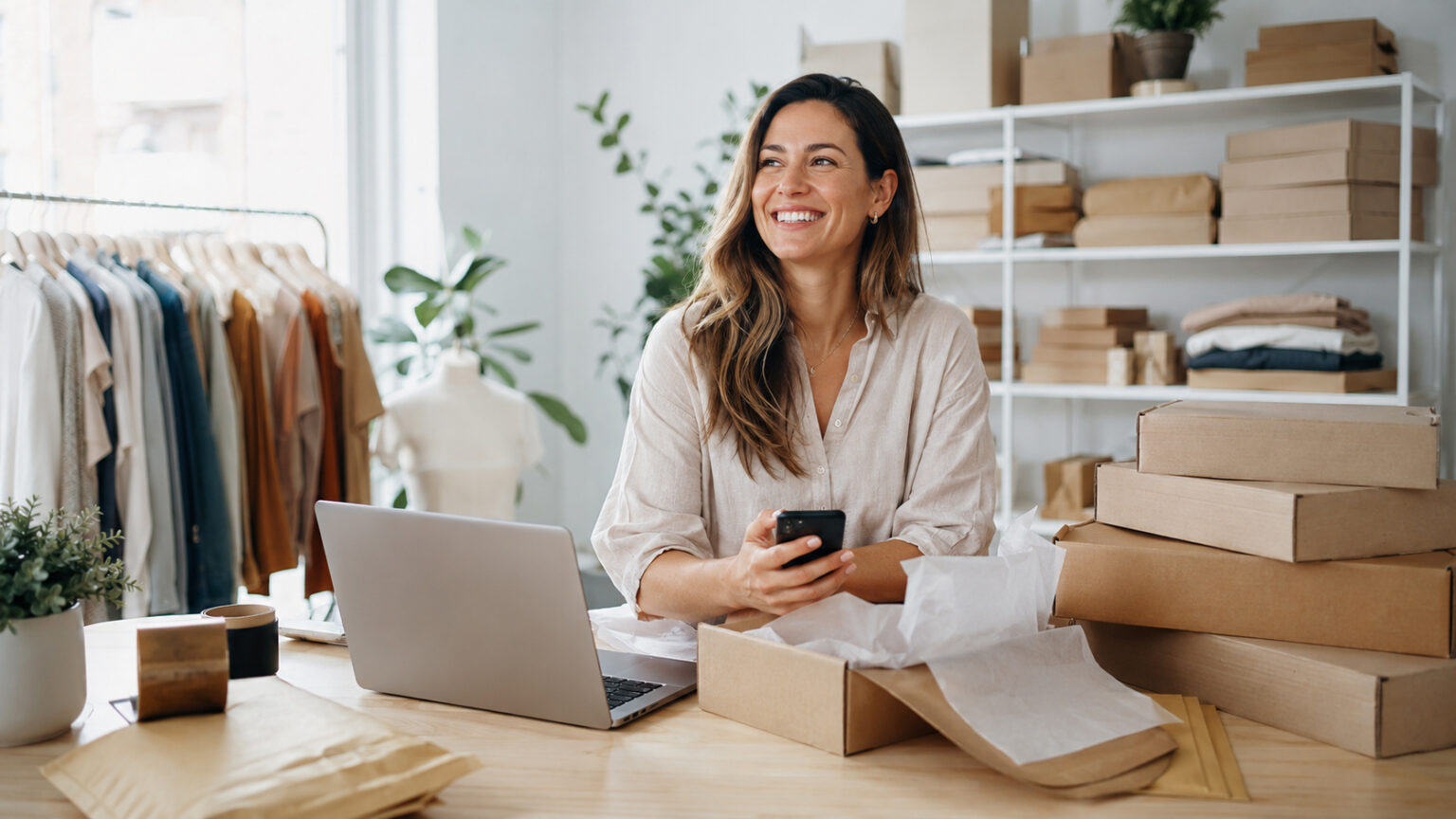 Smiling woman in a light blouse sits at a wooden table with a laptop and smartphone, surrounded by packing boxes in a clothing boutique.