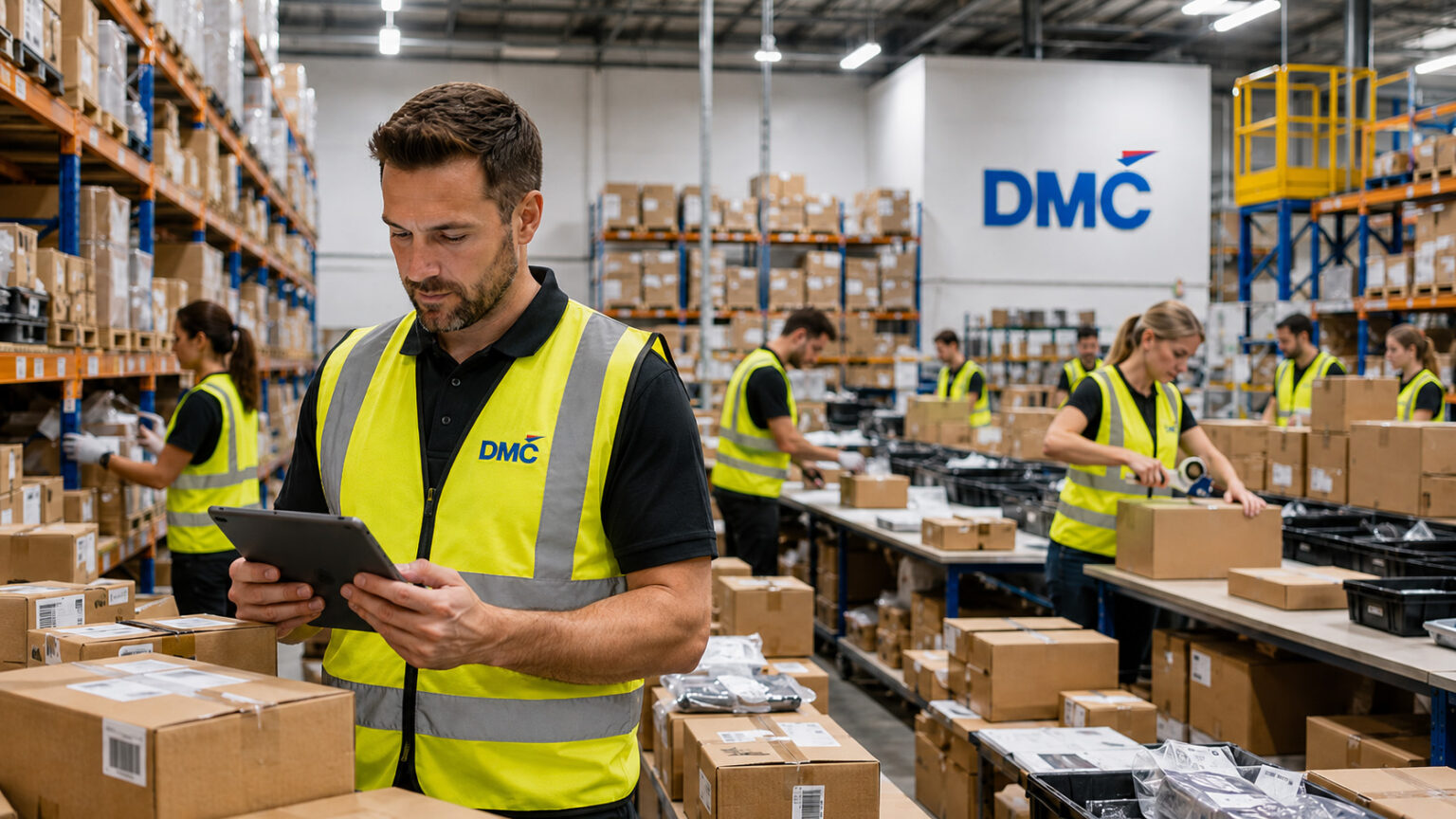 Warehouse staff in high-visibility vests processing shipments at a DMC facility, one worker using a tablet amid stacked boxes.