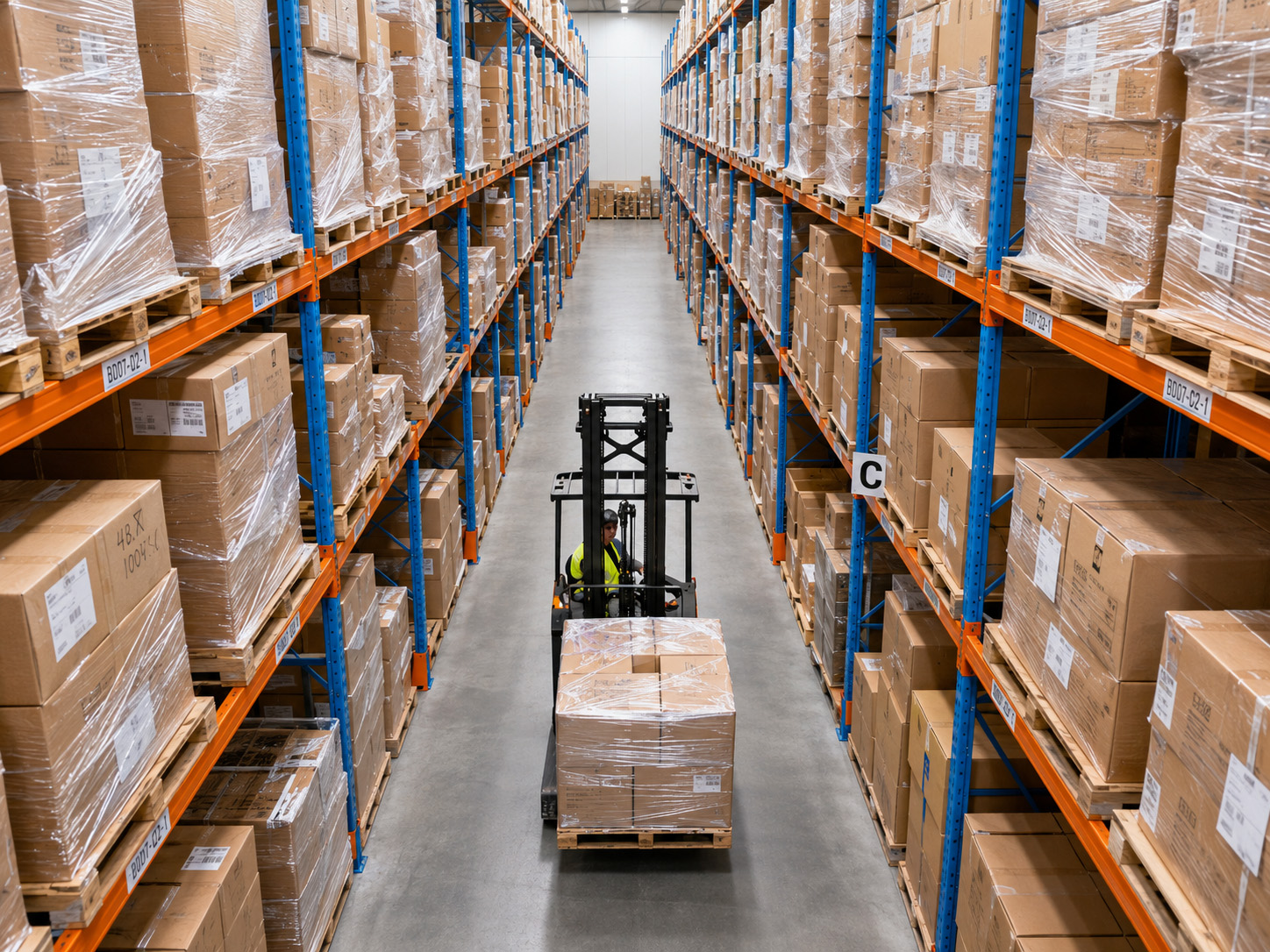 Forklift operator moves a pallet of boxed goods down a long warehouse aisle flanked by tall, stocked racks.