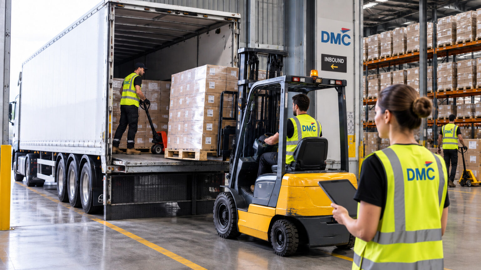 Warehouse loading dock with a yellow forklift unloading palletized boxes from an open trailer; workers in reflective vests supervise the operation at a DMC facility.