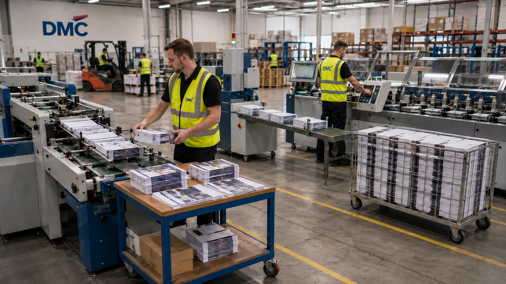Printing facility with a worker in a yellow vest stacking bundles of printed leaflets on a table beside a conveyor; DMC logo on the wall in the background.