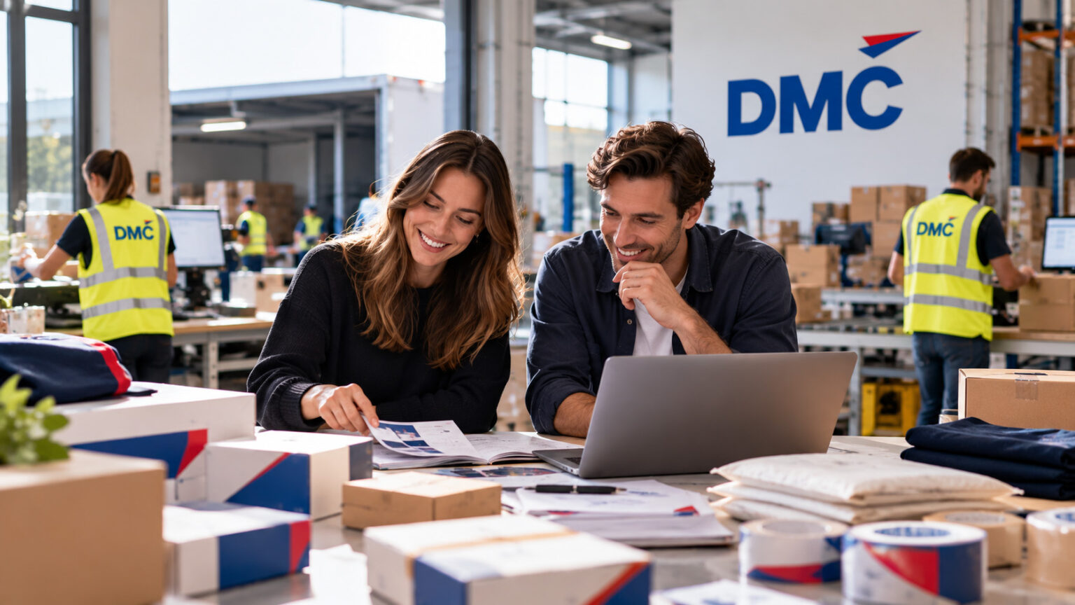 Two coworkers sit at a table in a busy warehouse, looking over documents with a laptop, DMC branding visible in the background.