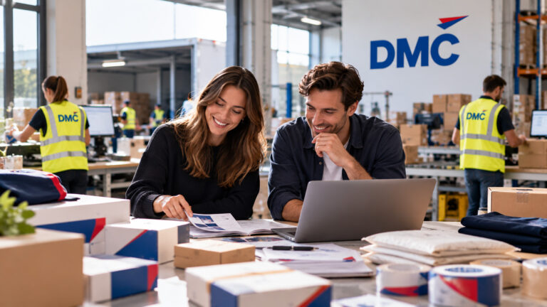 Two coworkers sit at a table in a busy warehouse, looking over documents with a laptop, DMC branding visible in the background.