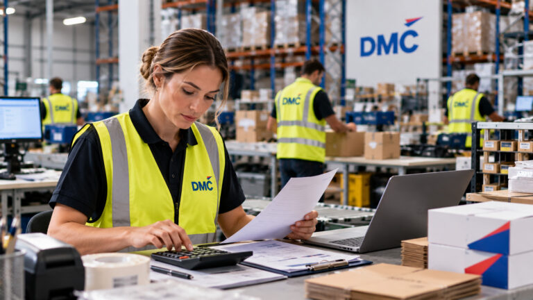 Female warehouse worker in a yellow safety vest reviews documents at a desk with a calculator and laptop, DMC logo visible in the busy warehouse background.