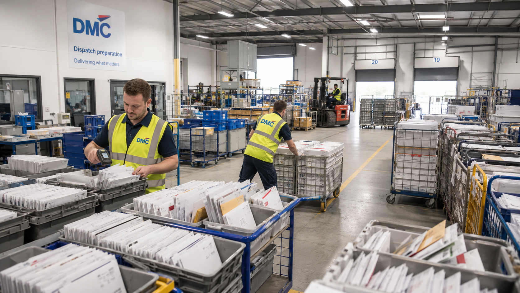 Inside a busy DMC distribution center, a worker in a high-visibility vest sorts envelopes from a tote.