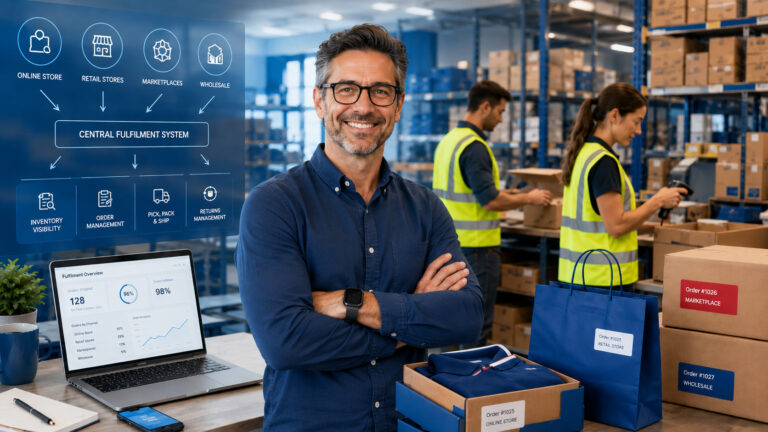 Smiling man in a blue shirt stands with arms crossed in a busy warehouse; holographic fulfillment system diagram on the left and staff in high-visibility vests in the background.