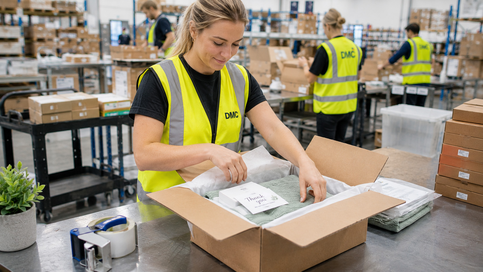 Warehouse worker in a bright vest opens a cardboard box, revealing packaged items and a 'Thank you' card on a steel table.