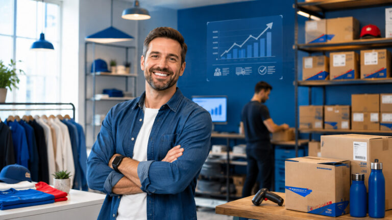 Smiling man in a blue denim shirt stands with arms crossed in a warehouse-like shop, with clothing racks and shelves in the background and boxes on the right.