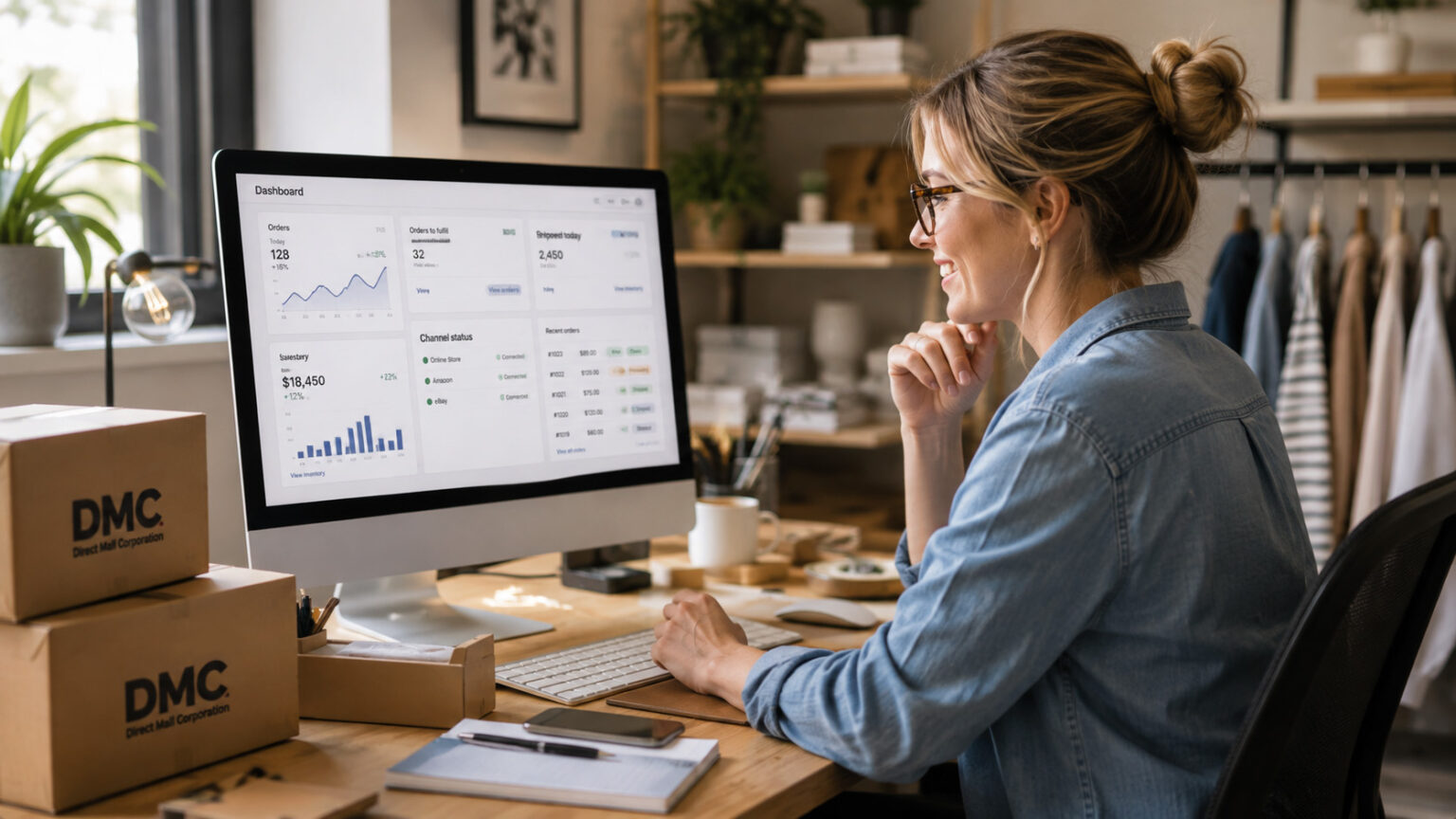 Woman in a denim shirt sits at a wooden desk, smiling at a computer screen showing a dashboard with charts in a home office with DMC boxes nearby.