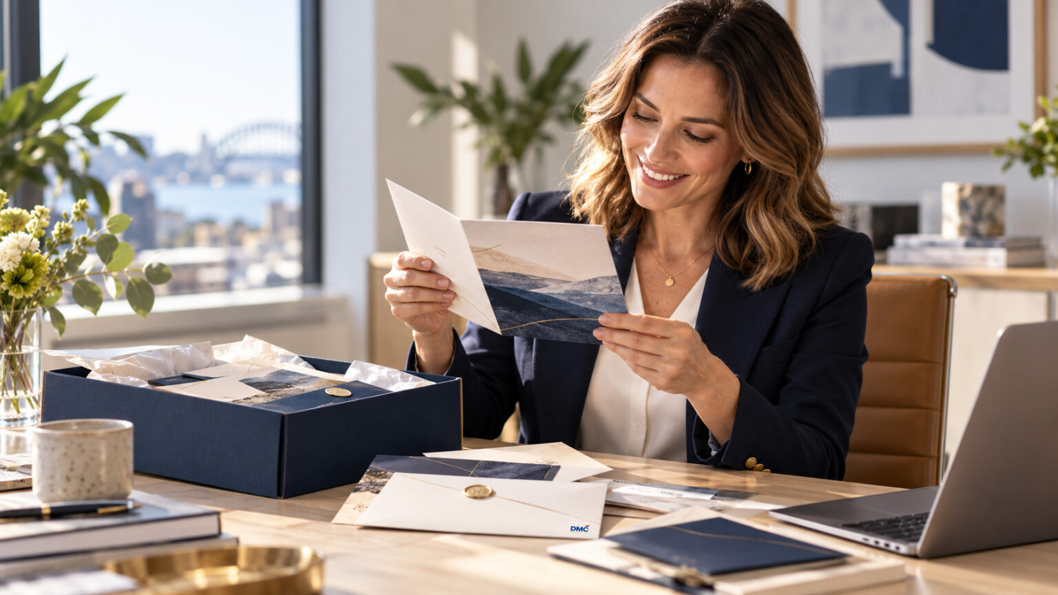 Smiling woman in a blazer reads a card from a blue gift box on a sunlit office desk, with envelopes nearby.
