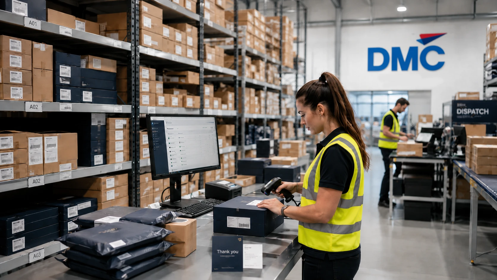 Woman in a high-visibility vest scans a package at a workstation in a DMC warehouse with shelves of boxes behind her.