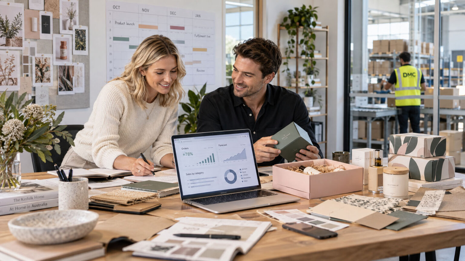 Two colleagues collaborate at a cluttered wooden table, reviewing charts on a laptop screen.