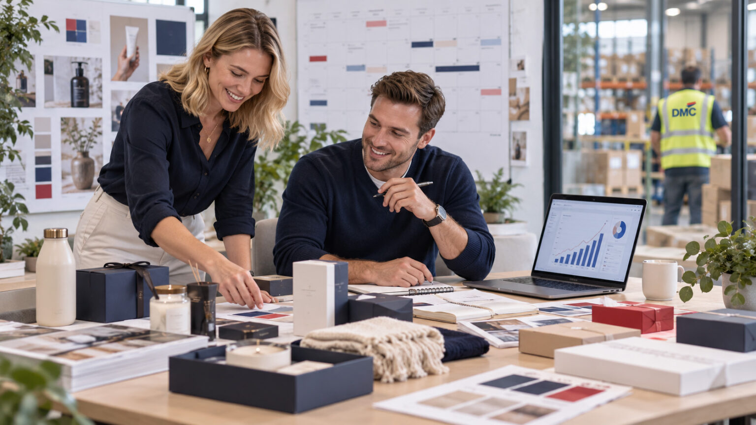 Two colleagues review packaging samples at a cluttered workspace, laptop on the desk shows charts and graphs.