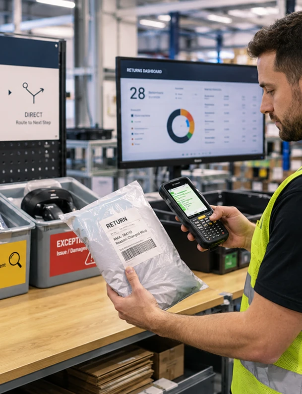 Warehouse worker in a high-visibility vest scans a return package at a workstation with a handheld barcode scanner.
