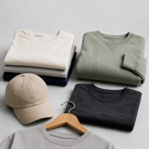 Stack of folded sweatshirts in cream, gray, navy, olive, and black with a beige baseball cap and a wooden hanger on a gray surface.
