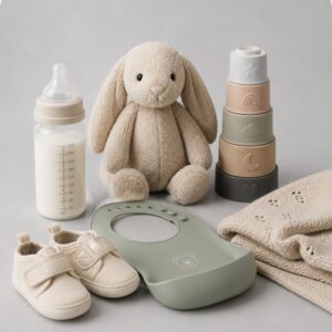 Neutral-colored baby care set including plush bunny, feeding bottle, stackable rings, bib, soft booties, and a folded blanket in soft beige tones.