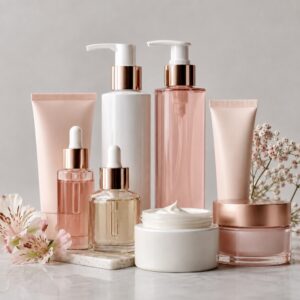 Assorted pink skincare and beauty products on a marble surface, including pumps, droppers, jars, and flowers in a soft, elegant arrangement.
