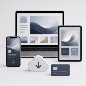 Laptop, tablet, and smartphone showing UI layouts with a white cloud download icon and a blue card, symbolizing cloud storage and digital payments.