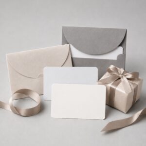 Neutral-toned gift set: beige and gray envelopes with blank cards and a silk ribbon beside a small wrapped gift with a bow