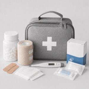 Gray first aid kit with white cross, surrounded by medical supplies (bandages, tape, thermometer, pills, gauze) for emergencies.