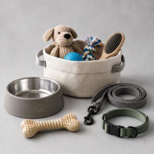 Basket of dog toys and supplies including a plush dog, blue ball, rope toy, and brush with a gray pet bowl, leashes, and a bone-shaped chew toy nearby
