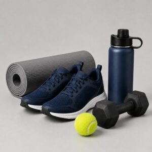 Roll of gray yoga mat with navy sneakers, a blue water bottle, dumbbells, and a tennis ball laid out for workout.