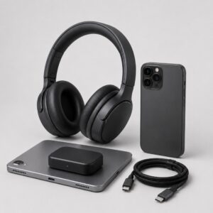 Black over-ear headphones beside a wireless charger, a smartphone, a tablet, and a braided USB-C cable.
