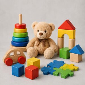 Soft brown teddy bear surrounded by colorful wooden blocks, stacking rings, a wooden car, and puzzle pieces for kids' playtime.